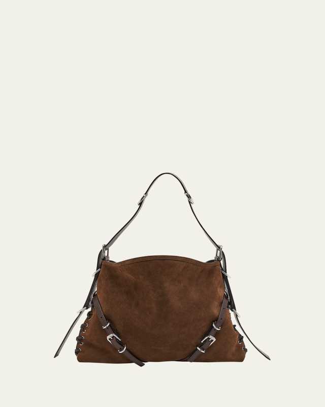 Medium Voyou Shoulder Bag in Suede with Corset Straps